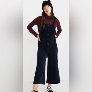 Madewell Women Velour Corduroy Ribbed Overalls Navy Blue XS Preppy Wide Leg Crop